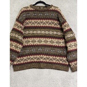 Vintage 90s American Eagle Wool Silk Sweater Green Brown Fair Isle Chunky L